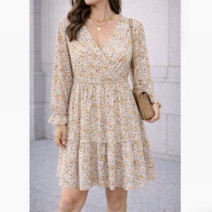 Mikarose Floral Long Sleeve V Neck Tiered Midi Dress Size S